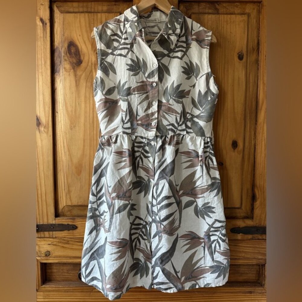 Laura Bianchi 100% Linen Neutral Florals Button Up Sleeveless Shirt Dress - M - Picture 10 of 11